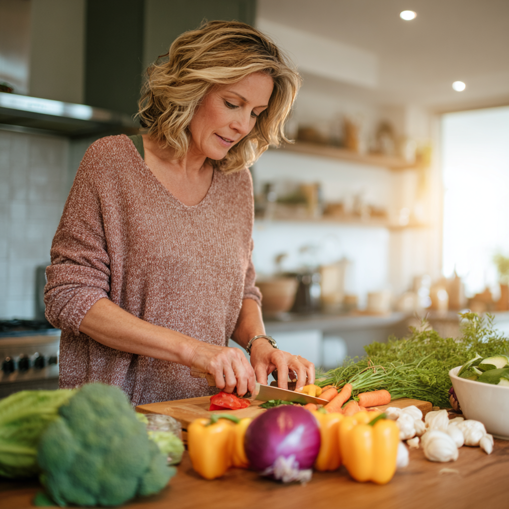 Middle-aged woman preparing fresh vegetables in a bright kitchen, focused on meal planning