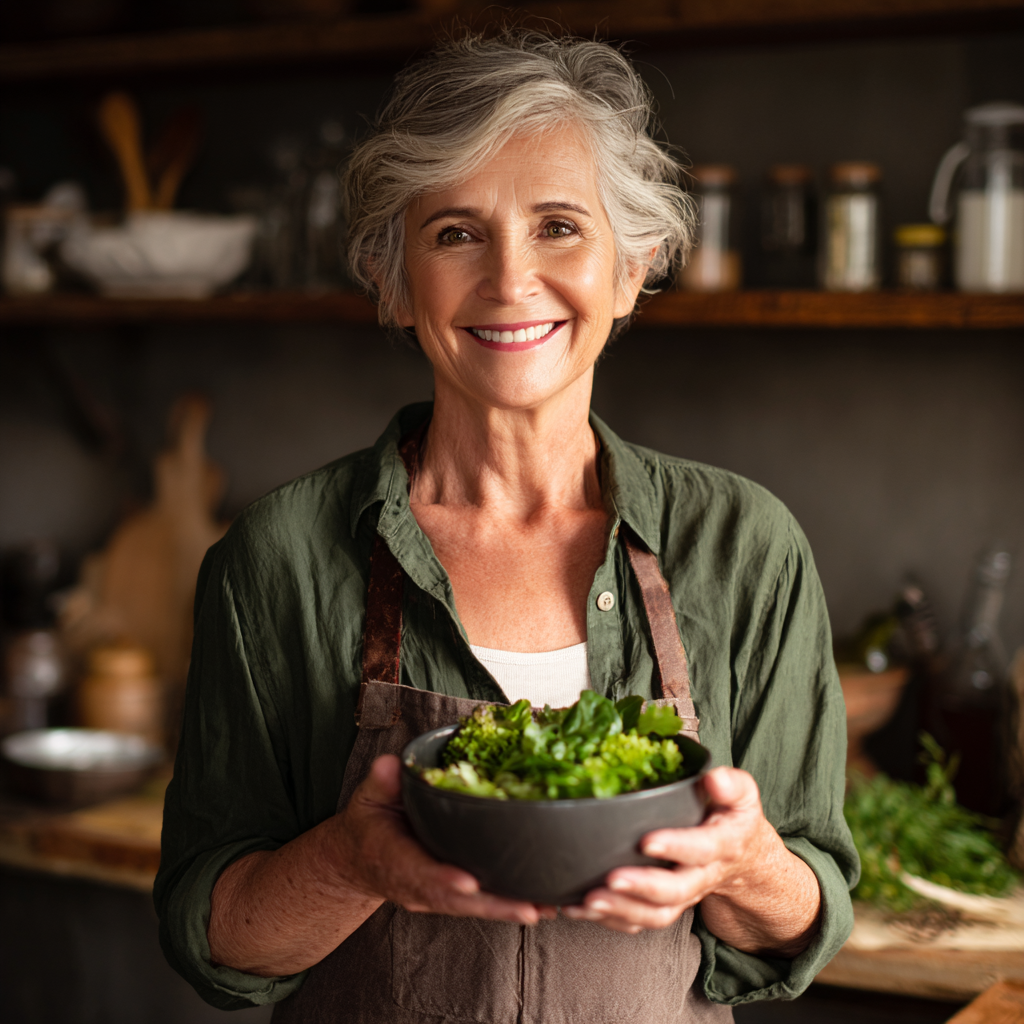 Older adult woman smiling while holding a bowl of fresh salad, representing healthy eating habits
